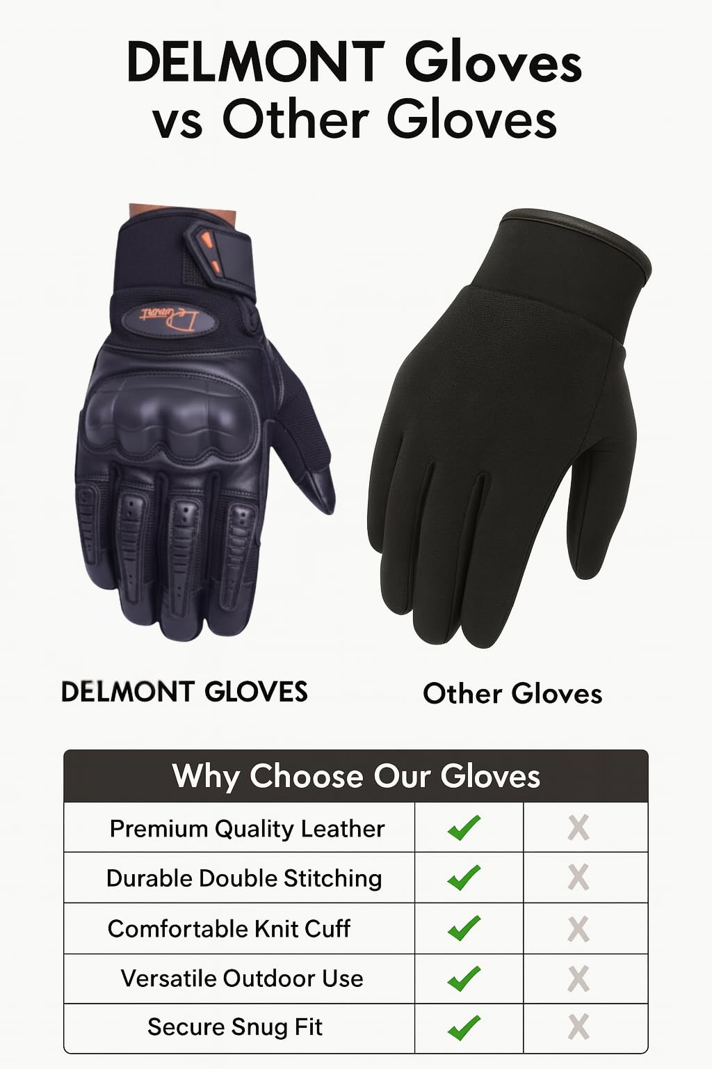 Delmont Tactical Gloves Black Leather, Stealth Operator Strike Patrol Protective Knuckle Motorcycle Gloves for Men & Women, Airsoft Shooting Training Riding Biking Sports Impact Resistant Grip