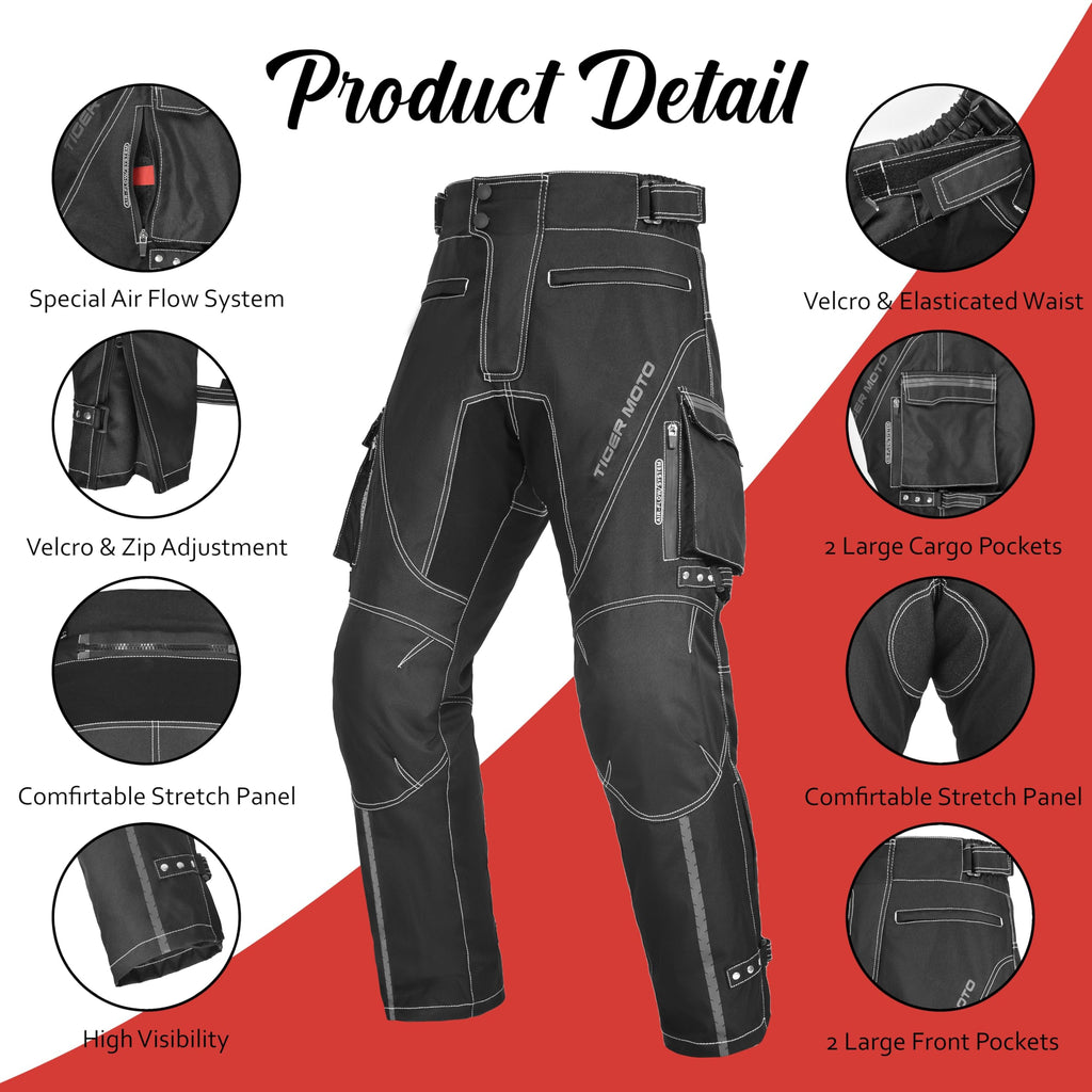 Black Motorcycle Riding Pants for Men – Waterproof & Windproof Touring Trousers with CE Armor, Reflective Strips
