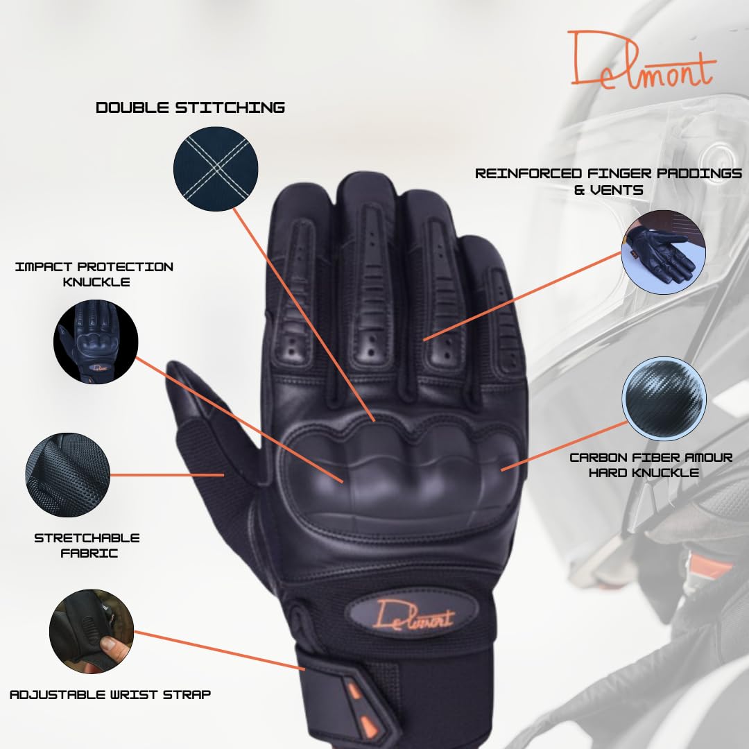 Delmont Tactical Gloves Black Leather, Stealth Operator Strike Patrol Protective Knuckle Motorcycle Gloves for Men & Women, Airsoft Shooting Training Riding Biking Sports Impact Resistant Grip
