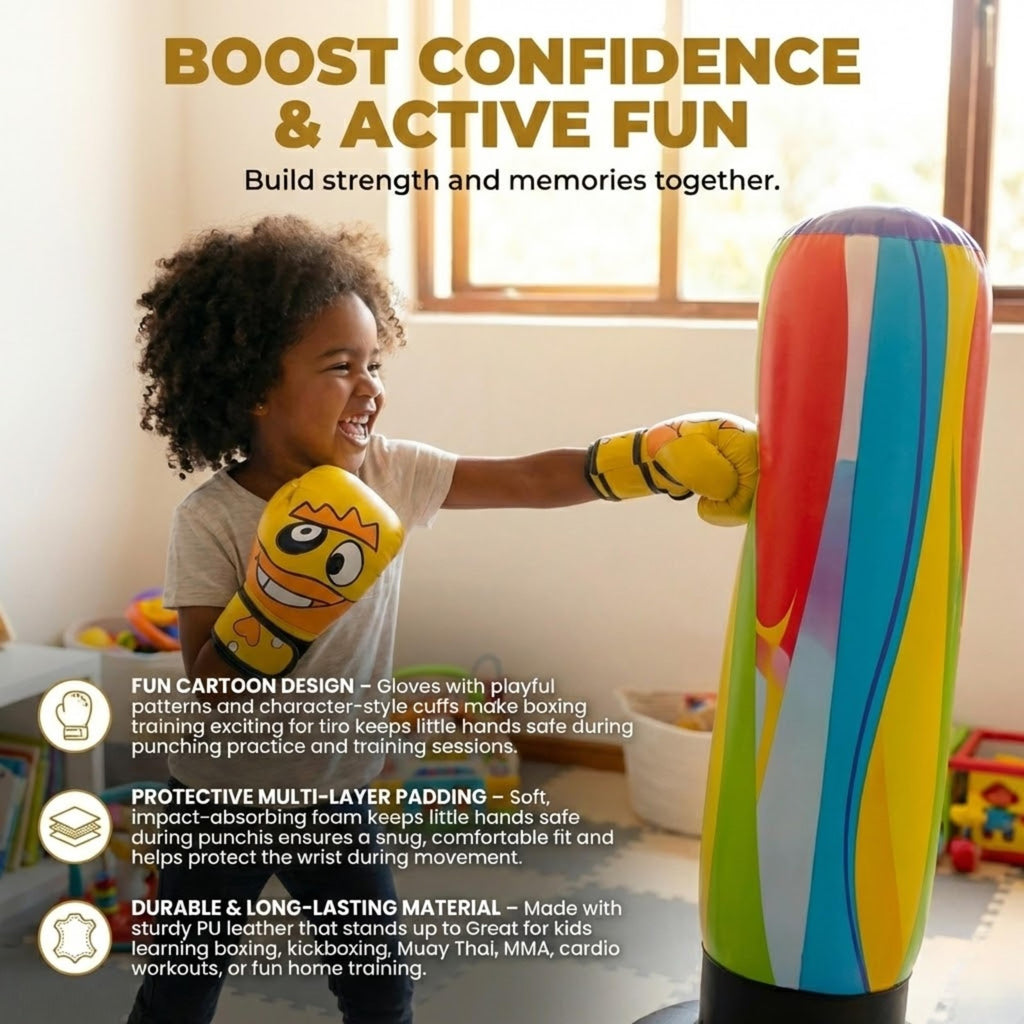 Kids Boxing Gloves – Cartoon Design Training Gloves for Boys & Girls | Comfortable Padding, Secure Wrist Support for Boxing, Kickboxing & Martial Arts