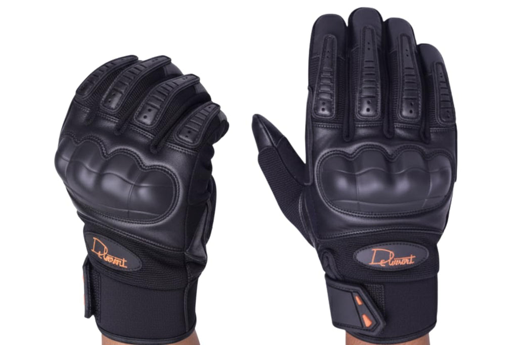 Delmont Tactical Gloves Black Leather, Stealth Operator Strike Patrol Protective Knuckle Motorcycle Gloves for Men & Women, Airsoft Shooting Training Riding Biking Sports Impact Resistant Grip