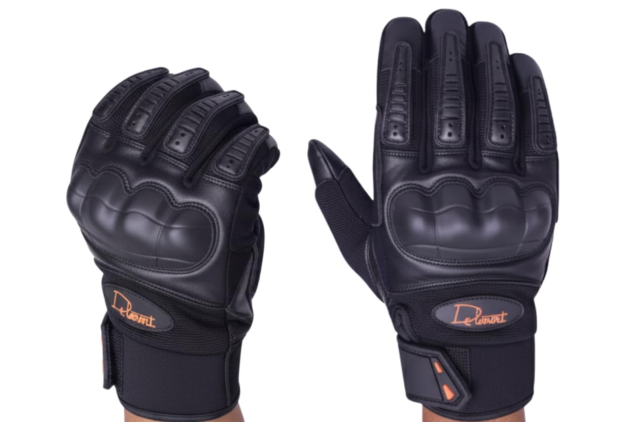 Delmont Tactical Gloves Black Leather, Stealth Operator Strike Patrol Protective Knuckle Motorcycle Gloves for Men & Women, Airsoft Shooting Training Riding Biking Sports Impact Resistant Grip