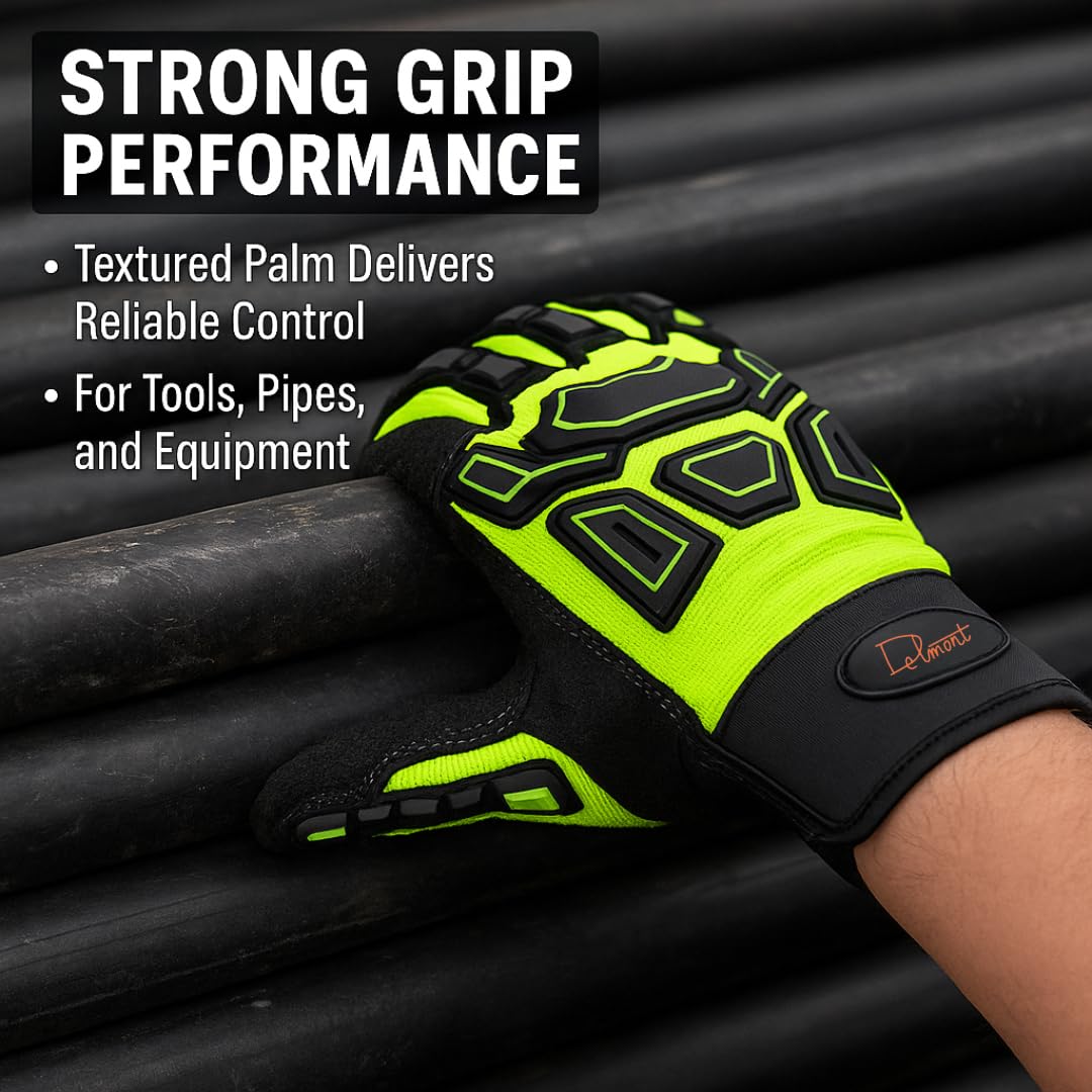 Delmont High Impact Work Gloves for Men – Impact Resistant Safety Gloves, High Visibility Anti-Vibration Mechanic Work Gloves